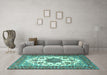 Machine Washable Medallion Turquoise Traditional Area Rugs in a Living Room,, wshtr4748turq