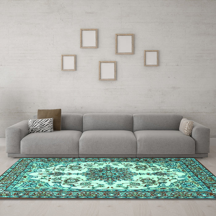 Machine Washable Medallion Turquoise Traditional Area Rugs in a Living Room,, wshtr4748turq