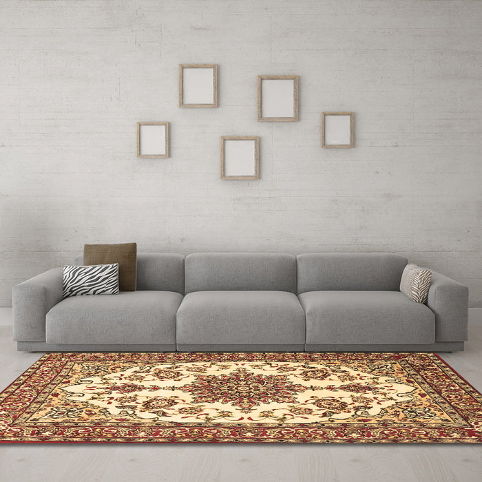 Machine Washable Medallion Brown Traditional Rug in a Living Room,, wshtr4748brn