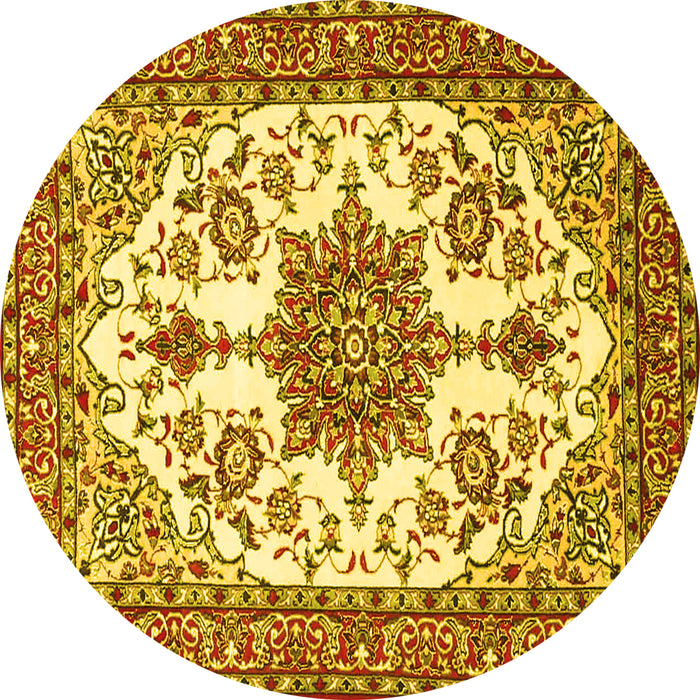 Round Machine Washable Medallion Yellow Traditional Rug, wshtr4748yw