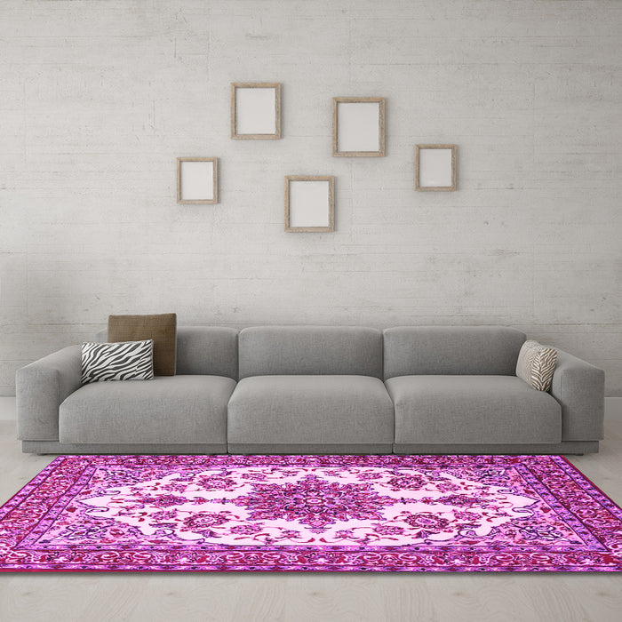 Machine Washable Medallion Pink Traditional Rug in a Living Room, wshtr4748pnk
