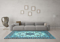 Machine Washable Medallion Light Blue Traditional Rug, wshtr4748lblu