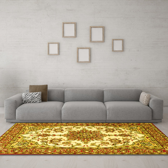 Machine Washable Medallion Yellow Traditional Rug in a Living Room, wshtr4748yw