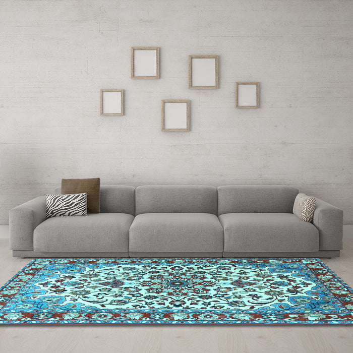 Machine Washable Medallion Light Blue Traditional Rug in a Living Room, wshtr4749lblu