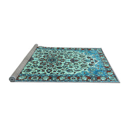 Sideview of Machine Washable Medallion Light Blue Traditional Rug, wshtr4749lblu