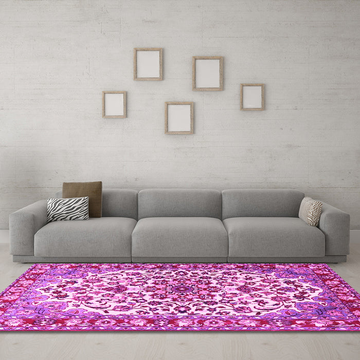 Machine Washable Medallion Pink Traditional Rug in a Living Room, wshtr4749pnk