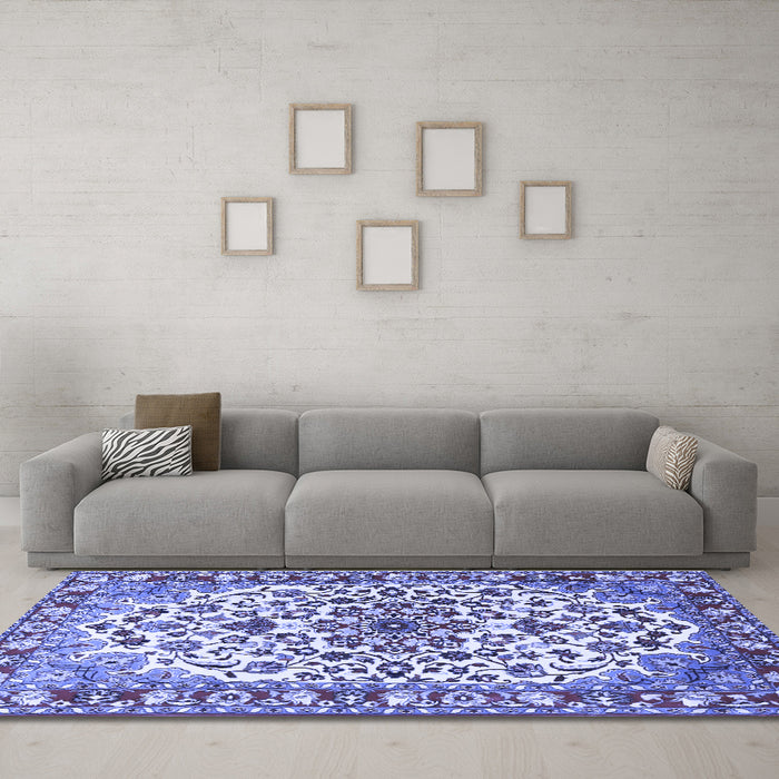 Machine Washable Medallion Blue Traditional Rug in a Living Room, wshtr4749blu