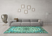 Machine Washable Medallion Turquoise Traditional Area Rugs in a Living Room,, wshtr4749turq