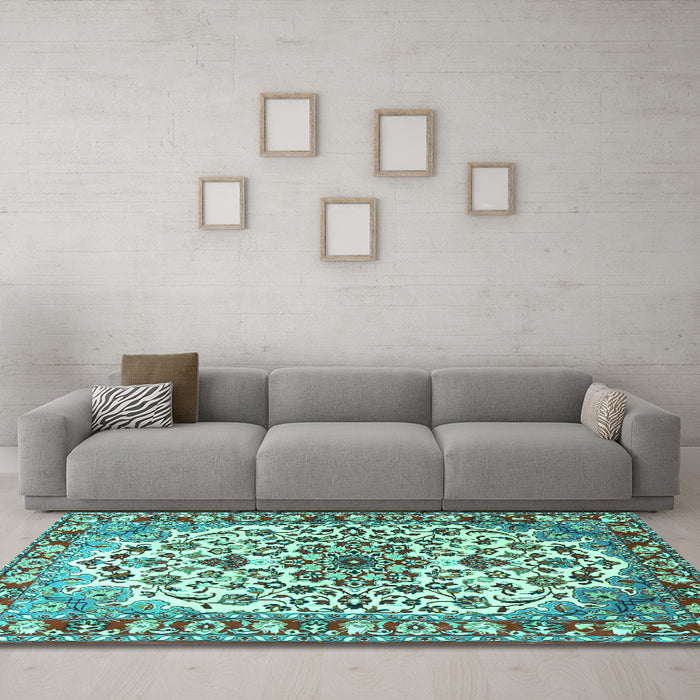 Machine Washable Medallion Turquoise Traditional Area Rugs in a Living Room,, wshtr4749turq
