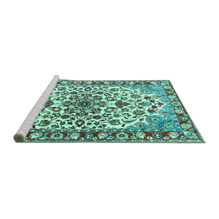 Sideview of Machine Washable Medallion Turquoise Traditional Area Rugs, wshtr4749turq