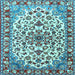 Square Machine Washable Medallion Light Blue Traditional Rug, wshtr4749lblu