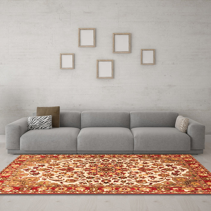 Machine Washable Medallion Orange Traditional Area Rugs in a Living Room, wshtr4749org