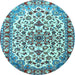 Round Machine Washable Medallion Light Blue Traditional Rug, wshtr4749lblu