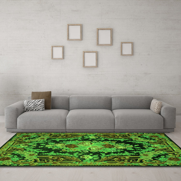Machine Washable Medallion Green French Area Rugs in a Living Room,, wshtr474grn