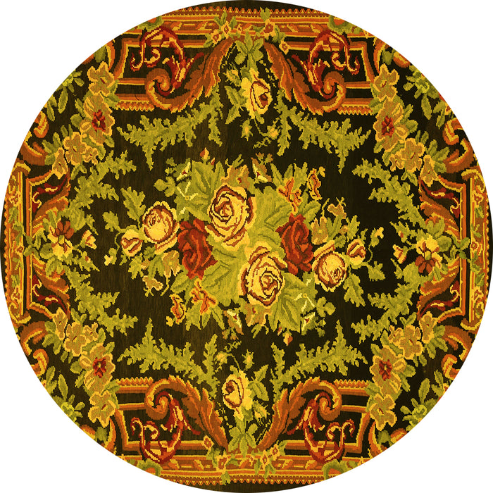 Round Machine Washable Medallion Yellow French Rug, wshtr474yw