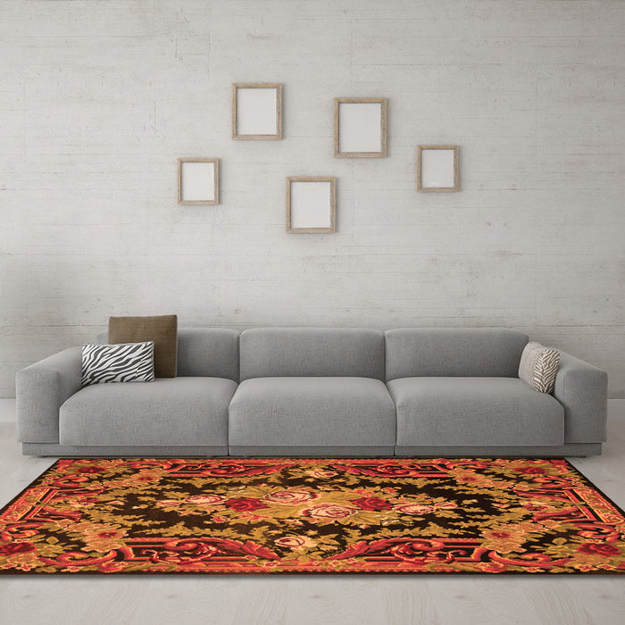 Machine Washable Medallion Orange French Area Rugs in a Living Room, wshtr474org