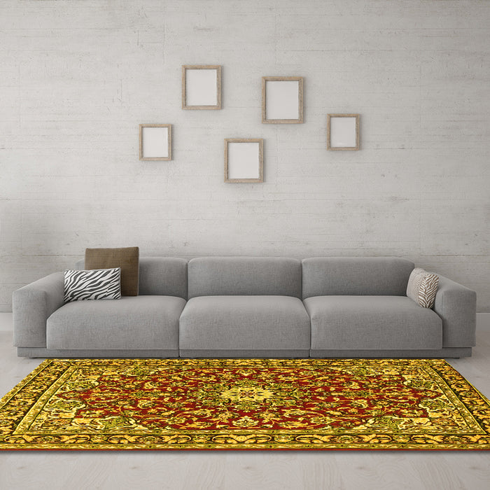 Machine Washable Oriental Yellow Traditional Rug in a Living Room, wshtr4750yw