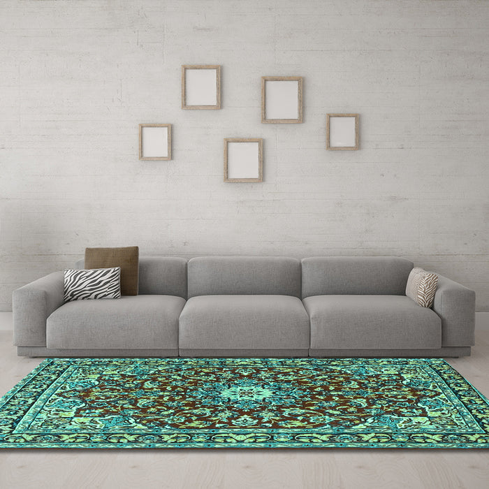 Machine Washable Oriental Turquoise Traditional Area Rugs in a Living Room,, wshtr4750turq