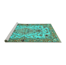 Sideview of Machine Washable Medallion Turquoise Traditional Area Rugs, wshtr4751turq