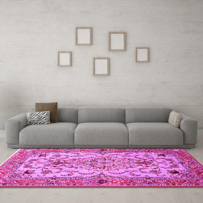 Machine Washable Medallion Pink Traditional Rug in a Living Room, wshtr4751pnk