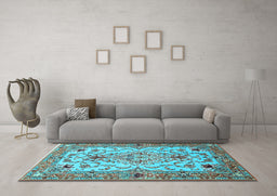 Machine Washable Medallion Light Blue Traditional Rug in a Living Room, wshtr4751lblu