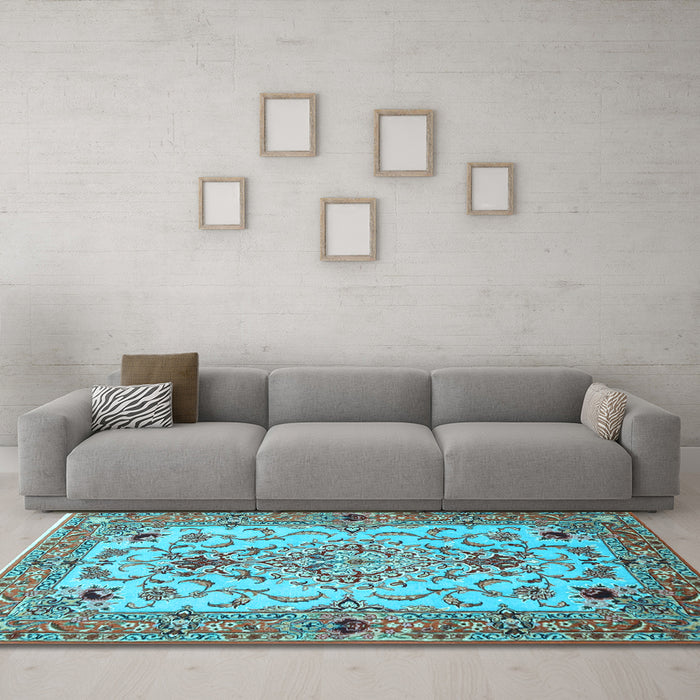 Machine Washable Medallion Light Blue Traditional Rug in a Living Room, wshtr4751lblu