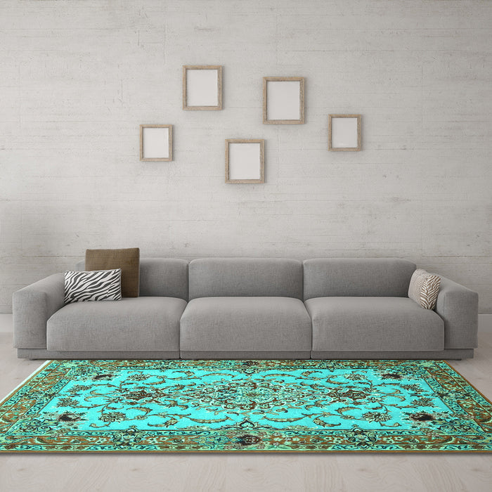 Machine Washable Medallion Turquoise Traditional Area Rugs in a Living Room,, wshtr4751turq
