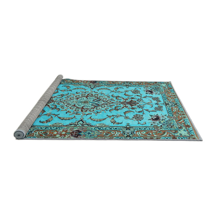 Sideview of Machine Washable Medallion Light Blue Traditional Rug, wshtr4751lblu