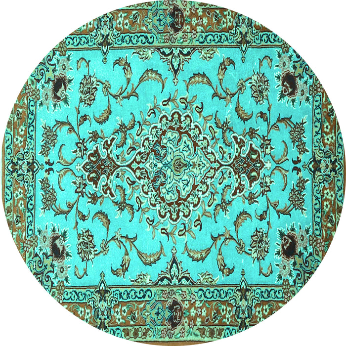 Round Machine Washable Medallion Turquoise Traditional Area Rugs, wshtr4751turq