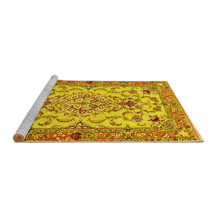 Sideview of Machine Washable Medallion Yellow Traditional Rug, wshtr4751yw