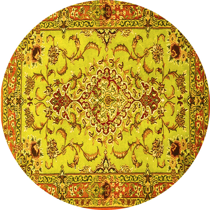 Round Machine Washable Medallion Yellow Traditional Rug, wshtr4751yw