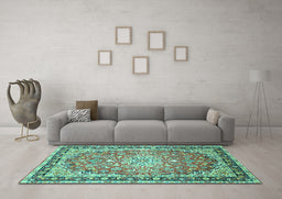 Machine Washable Oriental Turquoise Traditional Area Rugs in a Living Room,, wshtr4752turq