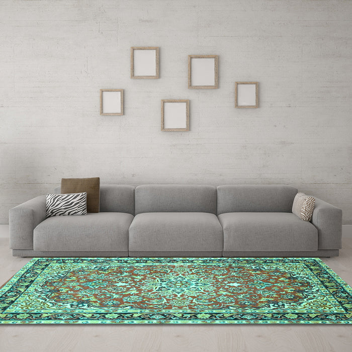 Machine Washable Oriental Turquoise Traditional Area Rugs in a Living Room,, wshtr4752turq