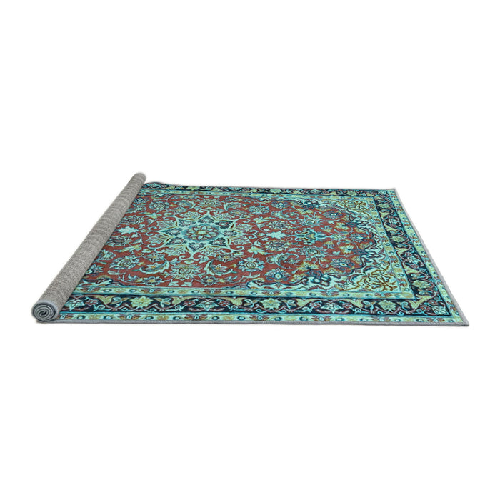 Sideview of Machine Washable Oriental Light Blue Traditional Rug, wshtr4752lblu