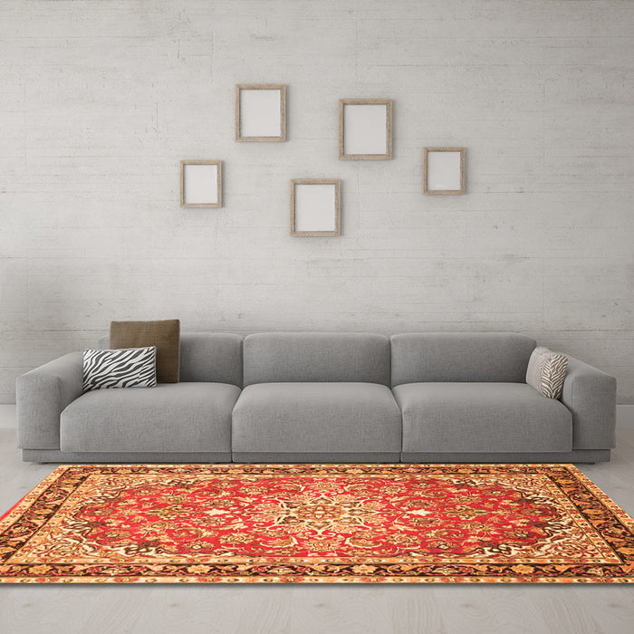 Machine Washable Oriental Orange Traditional Area Rugs in a Living Room, wshtr4752org