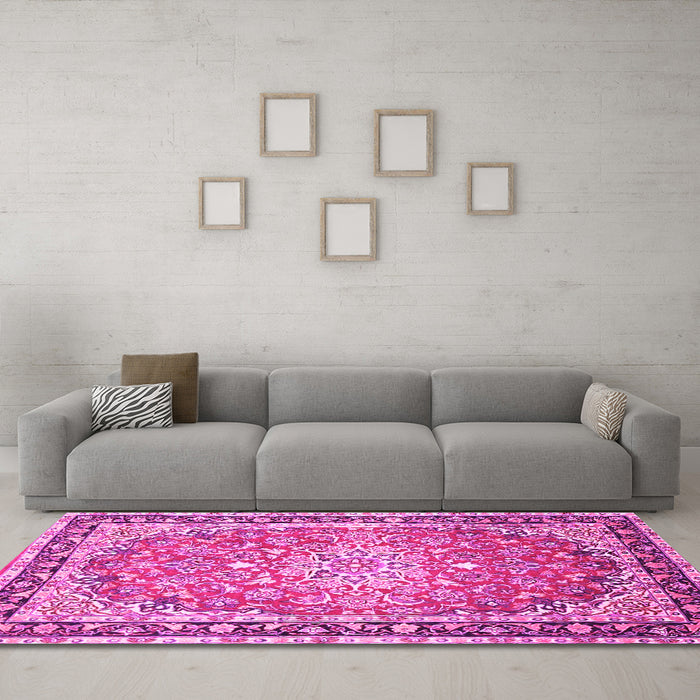 Machine Washable Oriental Pink Traditional Rug in a Living Room, wshtr4752pnk