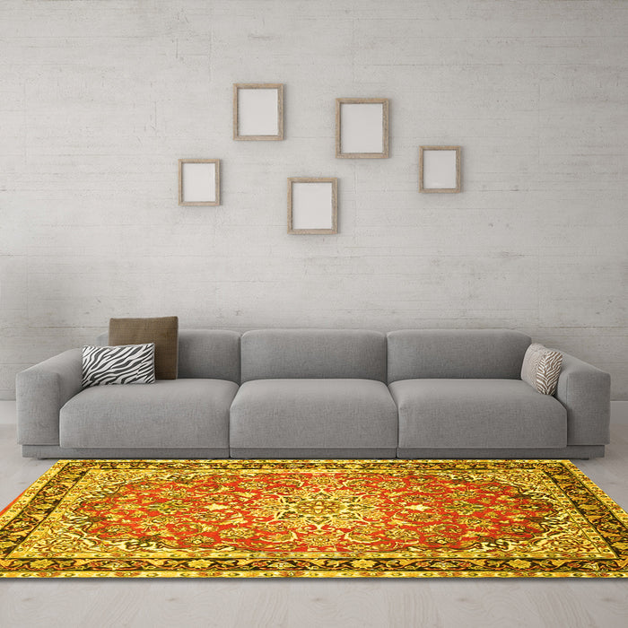 Machine Washable Oriental Yellow Traditional Rug in a Living Room, wshtr4752yw