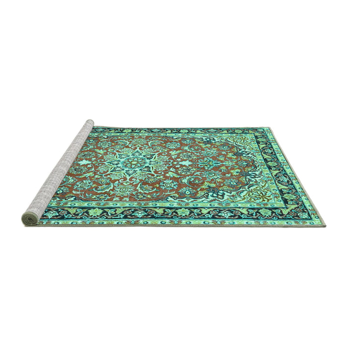 Sideview of Machine Washable Oriental Turquoise Traditional Area Rugs, wshtr4752turq
