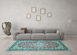 Machine Washable Oriental Light Blue Traditional Rug in a Living Room, wshtr4752lblu
