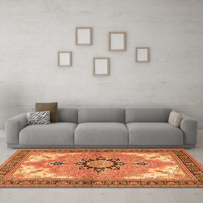 Machine Washable Medallion Orange Traditional Area Rugs in a Living Room, wshtr4753org