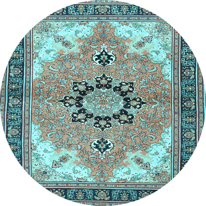 Round Machine Washable Medallion Light Blue Traditional Rug, wshtr4753lblu