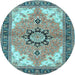 Round Machine Washable Medallion Light Blue Traditional Rug, wshtr4753lblu