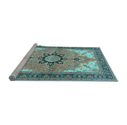 Sideview of Machine Washable Medallion Light Blue Traditional Rug, wshtr4753lblu