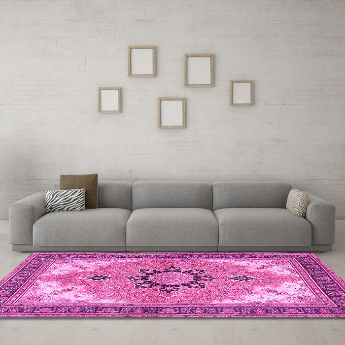 Machine Washable Medallion Pink Traditional Rug in a Living Room, wshtr4753pnk