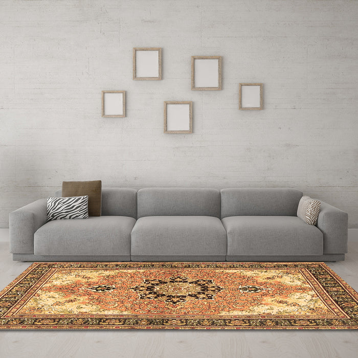 Machine Washable Medallion Brown Traditional Rug in a Living Room,, wshtr4753brn
