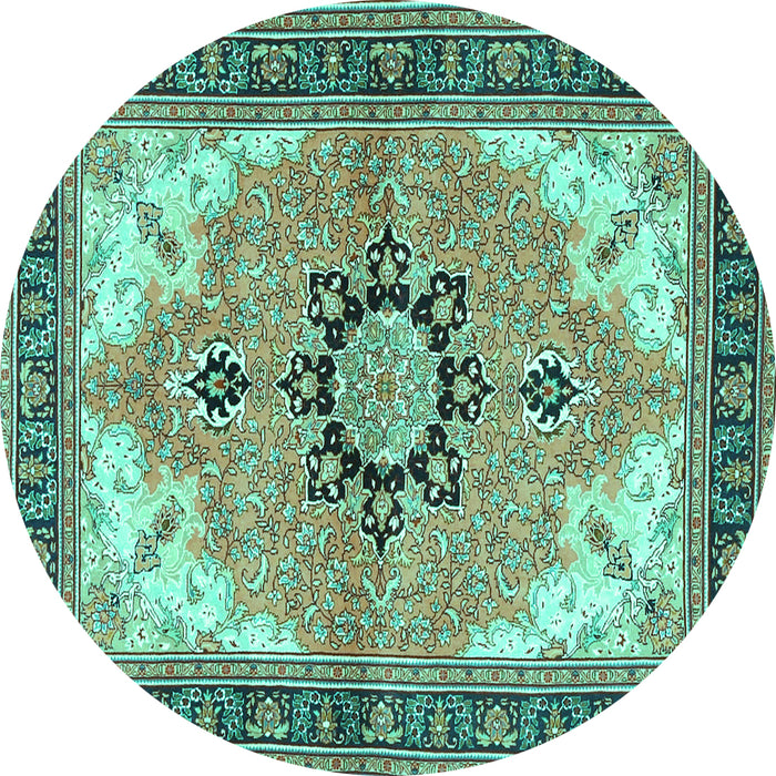 Round Machine Washable Medallion Turquoise Traditional Area Rugs, wshtr4753turq