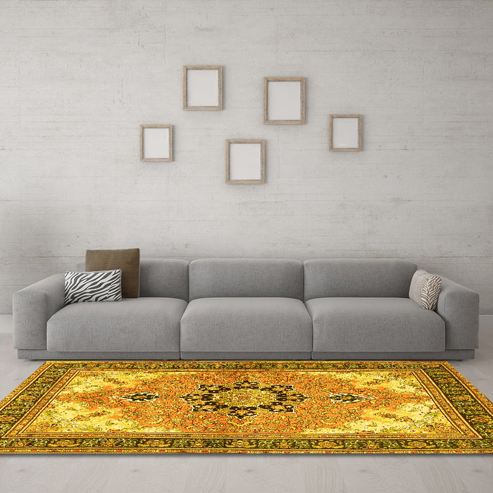 Machine Washable Medallion Yellow Traditional Rug in a Living Room, wshtr4753yw