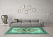 Machine Washable Medallion Turquoise Traditional Area Rugs in a Living Room,, wshtr4753turq