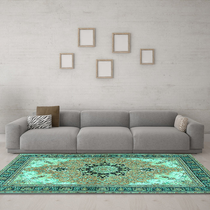 Machine Washable Medallion Turquoise Traditional Area Rugs in a Living Room,, wshtr4753turq
