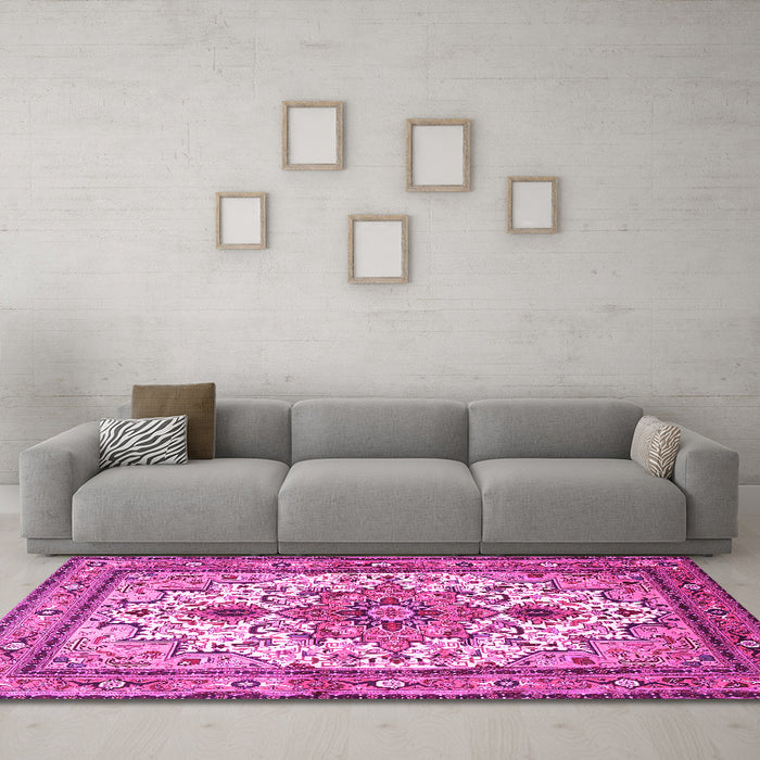 Machine Washable Persian Pink Traditional Rug in a Living Room, wshtr4754pnk